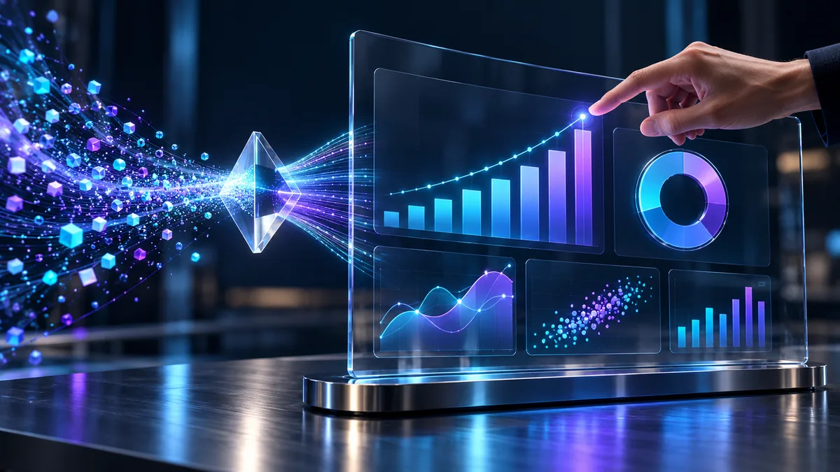 Datos que atraviesan un prisma y se convierten en paneles y gráficos
