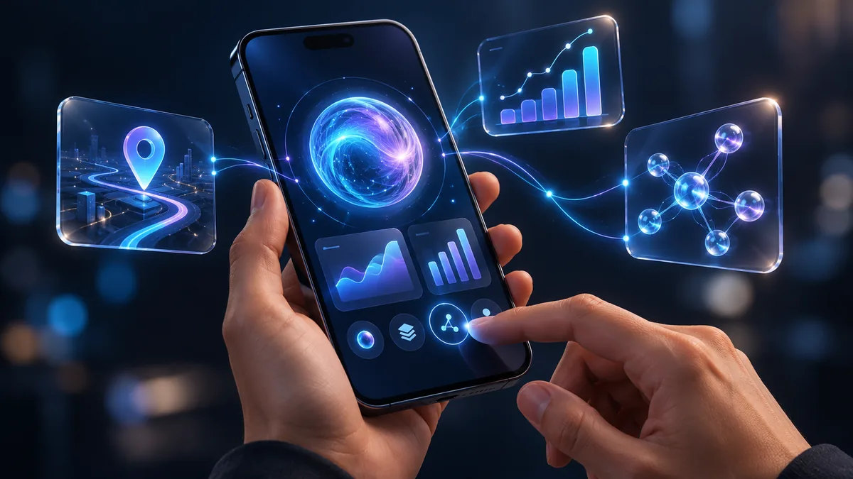 Un teléfono sostenido con las manos mostrando una esfera de inteligencia artificial
